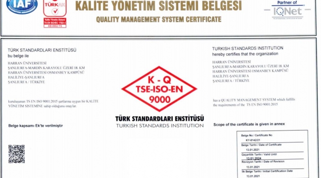 Harran Üniversitesi'nin Kalite Yolculuğu, TSE Tarafından Tescillendi