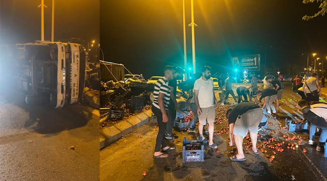 Karaköpür'de sebze yüklü kamyon devrildi