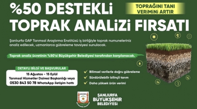 ŞANLIURFA BÜYÜKŞEHİR BELEDİYESİ'NDEN ÇİFTÇİLERE YÜZDE 50 HİBELİ TOPRAK ANALİZİ DESTEĞİ