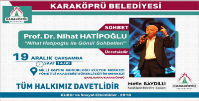 Nihat Hatipoğlu Karaköprü'de 'Gönül Sohbetleri' Gerçekleştirecek