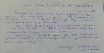 Şanlıurfa 112 personelinden anlamlı dilekçe