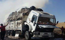 Urfa'da pamuk yüklü kamyon alev aldı